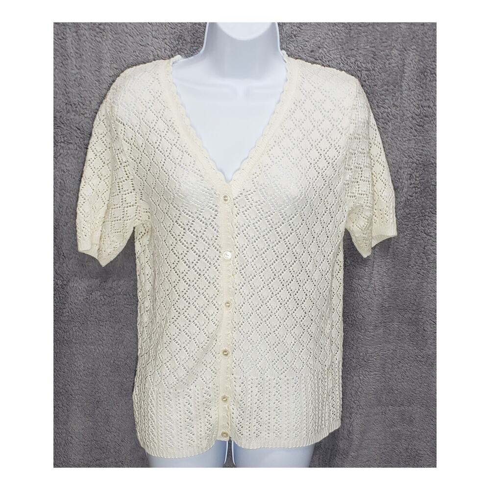 Vintage Southern Lady Cream Crochet Knit Button-Up Sweater Scalloped USA M Top